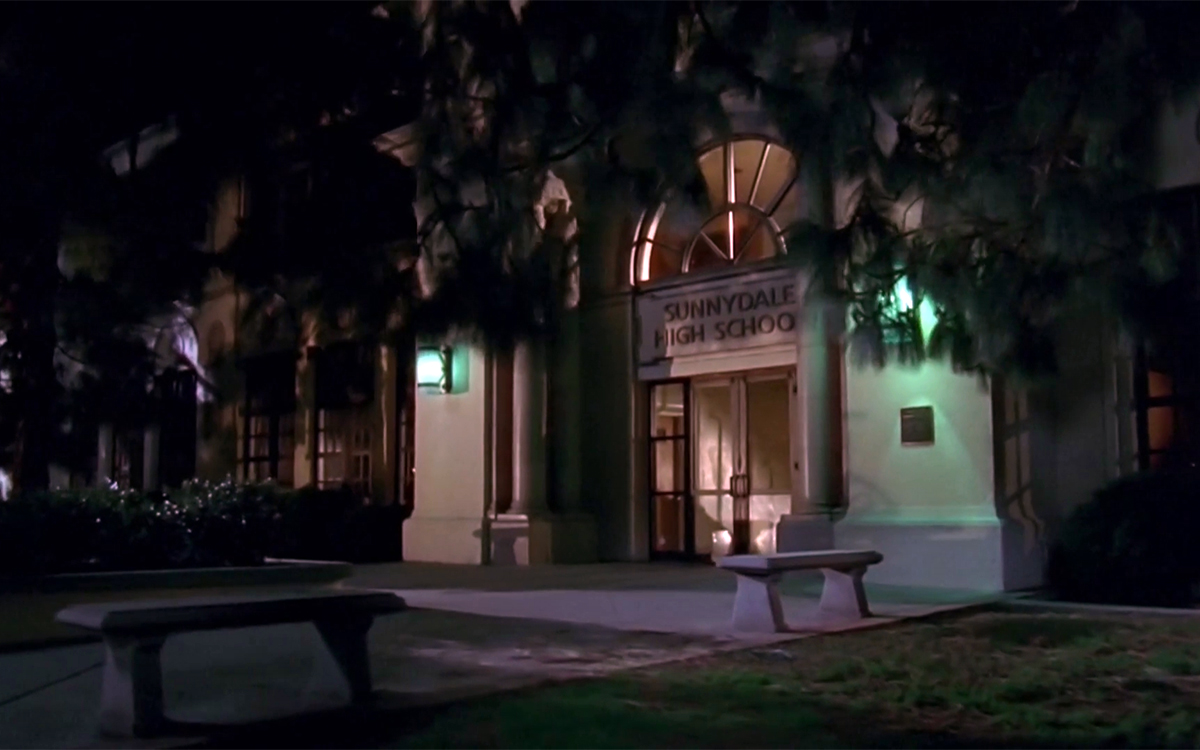 A view of Sunnydale High School from the outside, at night.
