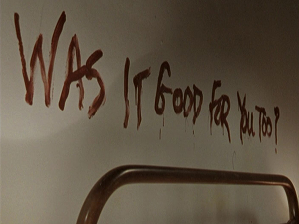 The words "Was it good for you too?" written on a wall in blood.