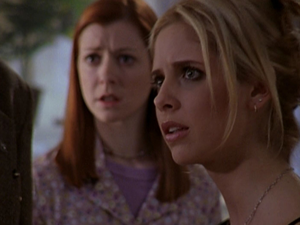 Willow and Buffy stare at Xander, horrified at his words.